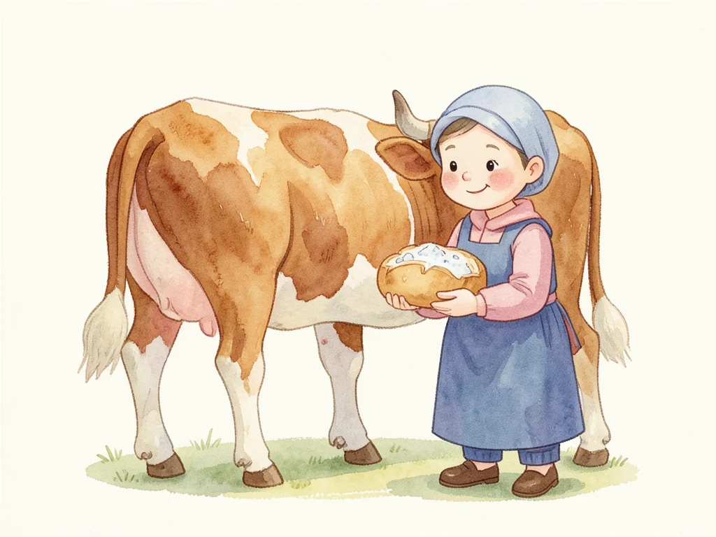 Старуха доит корову, угощая её хлебом.